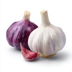 Obraz premium Two garlic bulbs and clove isolated on white background