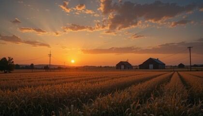 Serene Sunset Over Golden Fields with Barns and Dramatic Clouds