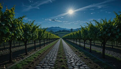 Naklejka premium Serene Vineyard Landscape Under Moonlight with Cobblestone Pathway