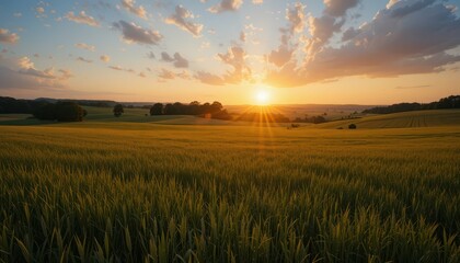 Fototapeta premium Golden Sunrise Over Idyllic Green Fields and Rolling Landscape