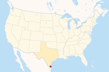 Location Map of the city Harlingen in Texas, USA. The state is marked orange and the city is highlighted with a red dot. No labels at all.
