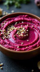 Fototapeta premium A bowl of vibrant pink hummus with a swirl of chopped nuts on top, perfect for keto diet recipes.