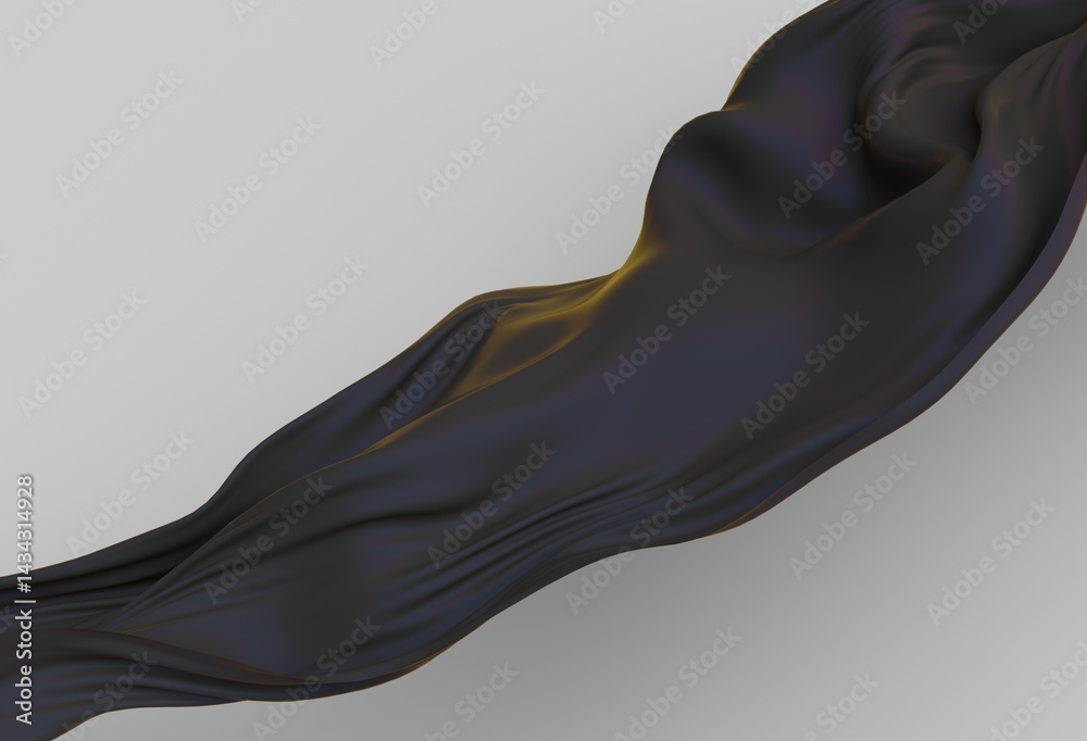 Poster minimal 3d illustration featuring a flowing, glossy black fabric-like wave on a light background. th