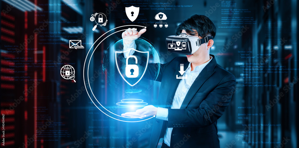 Poster business man holding at security system hologram and standing at data center. skilled project manage