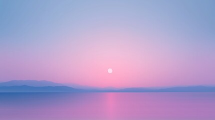 Tranquil Pastel Sunset Over Misty Mountains and Calm Reflective Waterscape