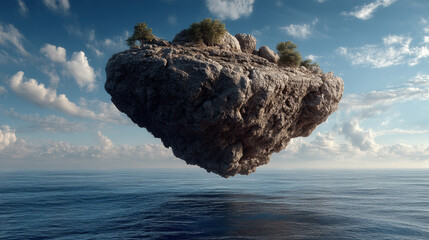 A floating island with trees hovers peacefully above a calm blue ocean under a bright sky with scattered clouds creating a surreal and dreamlike landscape.
