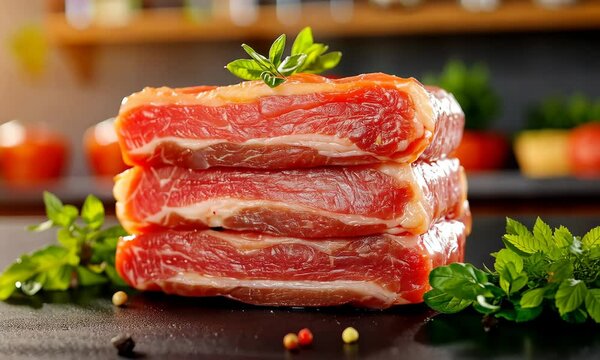 Fresh juicy steak stack with herbs in vibrant kitchen setting with sunlight glint