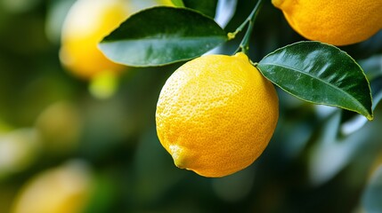 Ripe lemon hanging from a branch.  Close-up view of the bright yellow fruit with lush green leaves