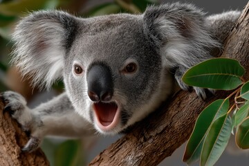 Fototapeta premium Koala yawns lazily on a tree branch amidst lush leaves during a calm afternoon