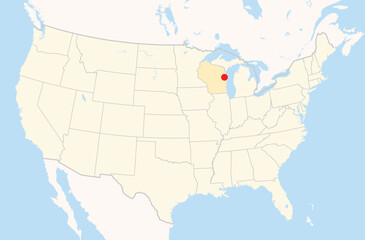 Location Map of the city Green Bay in Wisconsin, USA. The state is marked orange and the city is highlighted with a red dot. No labels at all.
