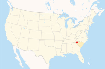 Fototapeta premium Location Map of the city Greenville in South Carolina, USA. The state is marked orange and the city is highlighted with a red dot. No labels at all.