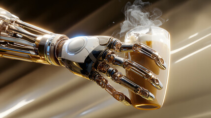 Robotic Arm and Coffee: A futuristic image featuring a detailed robotic arm delicately holding a steaming cup of coffee, blending technology with the simple pleasures of daily life.