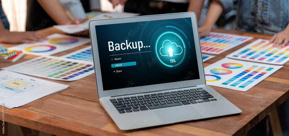 Poster Backup Storage Data Internet Technology Business concept. Database storage cloud technology file data transfer sharing, cyber, big data information, internet banking application download upload brisk