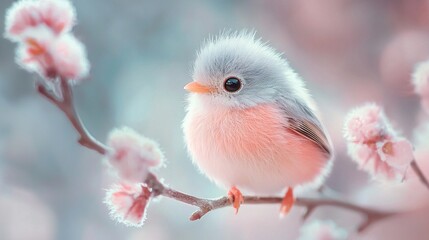A small bird with pink feathers is perched on a branch