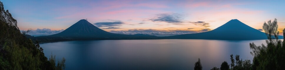 Fototapeta premium Panoramic view of a colorful sunset over a calm sea or lake,created by ai