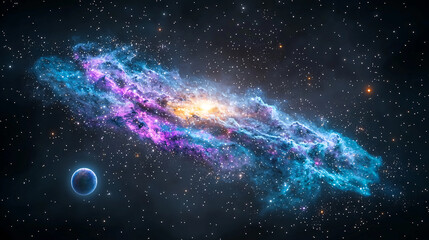 Majestic Nebula and Distant Planet Celestial View Space Scene Cosmic Cloud Galactic Wonder Universe
