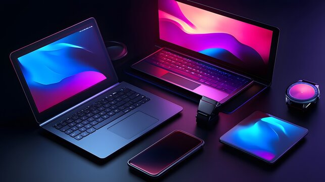 Tech Symphony: Modern tech gadgets, including laptops, a smartwatch, tablet, and phone, are arranged artfully, showcasing technological synergy and innovation. - Powered by Adobe