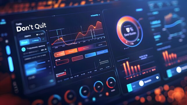 Modern Digital Interface with Don't Quit Message: A cutting-edge digital interface showcasing data analytics, vibrant charts, and real-time information, symbolizing progress, determination.