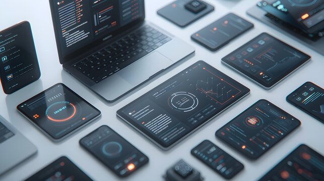 Digital Devices Display: A tech-savvy collection of devices presents data and interface, showing modern communication. A visually stunning array of smart technology.