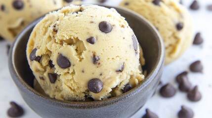 Close-up of a scoop of cookie dough ice cream in a small bowl