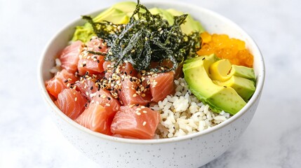 Salmon poke bowl with rice, avocado, seaweed, and fish eggs