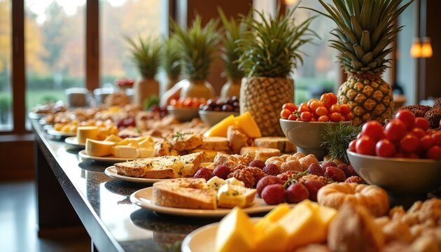 Brunch buffet food selection featuring cheese pastries and fruit. Display includes mini pineapple, fresh tomatoes, and other assorted bakery products. Catering event dining in hotel restaurant.