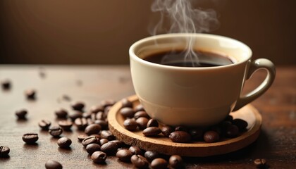 Obraz premium Hot coffee cup on wood table with scattered coffee beans. Morning breakfast beverage served at cafe. Aroma steam rising from hot drink. Coffee break, espresso, latte. Brown background.