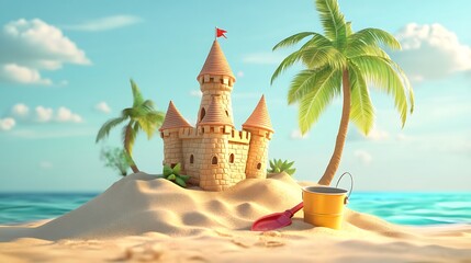 Fun sandcastle on sandy island with palm trees, bucket, and ocean horizon picture