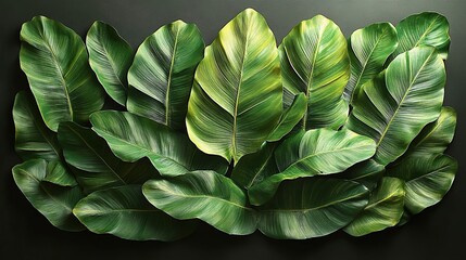Lush green leaves with yellow veins on dark background create a