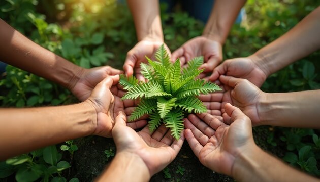 Group hands holding green plant. Symbol of teamwork, eco-friendly lifestyle, environment care. People protect nature, protect earth. Concept of global community, ecology, eco activism, sustainable