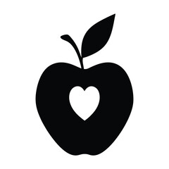 Black Silhouette Apple with Heart Shape, Symbol of Love and Health