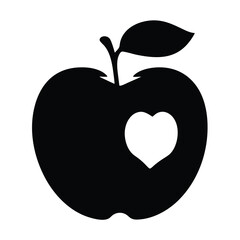 Minimalist black and white apple symbol featuring a heart shaped bite, healthy eating