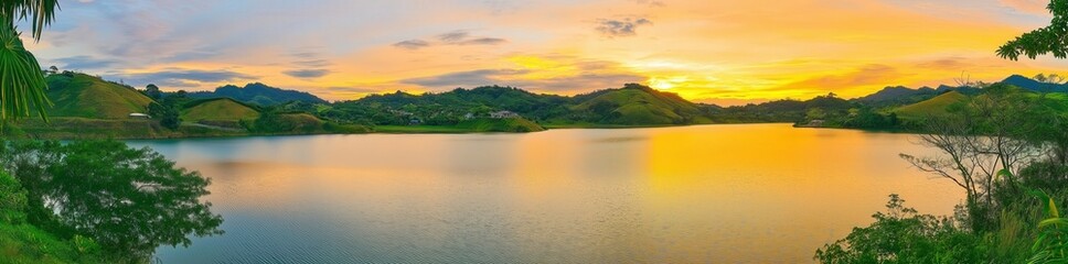 Obraz premium Panoramic view of a colorful sunset over a calm sea or lake,created by ai