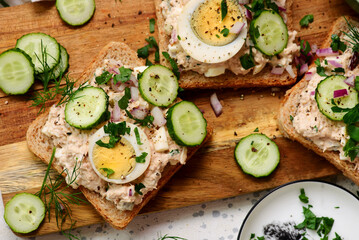 Tuna Salad Sandwiches with Eggs and Cucumbers..top veiw