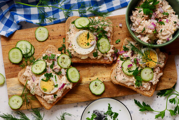 Tuna Salad Sandwiches with Eggs and Cucumbers..top veiw