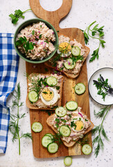 Tuna Salad Sandwiches with Eggs and Cucumbers..top veiw