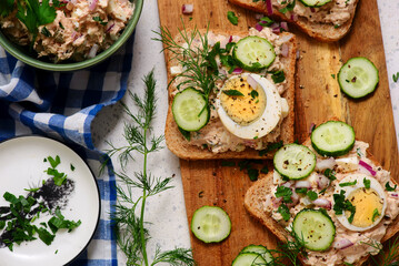 Tuna Salad Sandwiches with Eggs and Cucumbers..top veiw