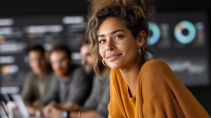 Young analyst confidently presents data insights and charts during a meeting with team members in a modern office setting