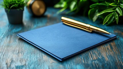 Desk with blue notepad, gold pen, and green plants