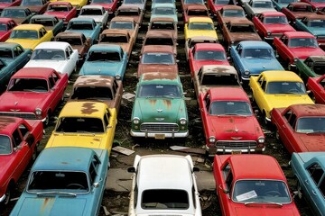 Fototapeta premium Aerial View Shows Gridlock of Classic Cars