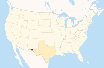 Location Map of the city El Paso in Texas, USA. The state is marked orange and the city is highlighted with a red dot. No labels at all.