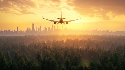 Jet flying above forest represents green aviation solutions
