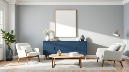 Modern living room interior design with blue cabinet, cream armchairs, and a large empty frame