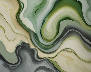 Swirling shades of green and cream create a mesmerizing abstract art piece in a tranquil setting