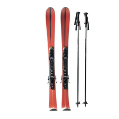 A front-facing pair of skis with poles leaning beside them, isolated on a white background.