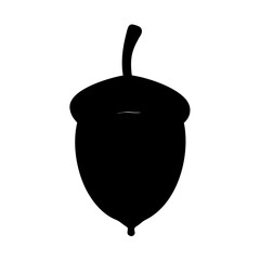 Black silhouette of a single acorn with stem on a white background