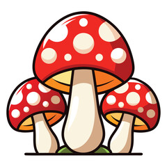 Three Cartoon Mushrooms with Red Caps and White Spots