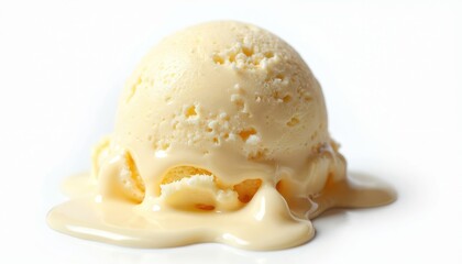 Fototapeta premium Close-up of melting vanilla ice cream scoop. Creamy dessert treat drips on white surface. Refreshing cold sweet food. Perfect for summer snack. Delightful indulgence, enjoy delicious flavor.