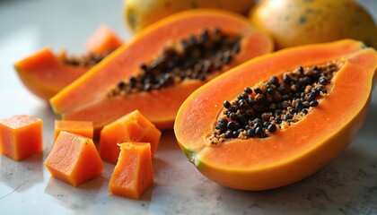Close-up of ripe papaya fruit revealing vibrant orange flesh, black seeds. Diced papaya cubes emphasize freshness. Ideal for healthy eating promotion. Tropical fruit, refreshing snack, dessert for