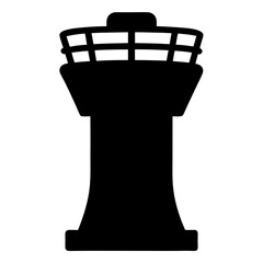 Black silhouette of an air traffic control tower on a white background